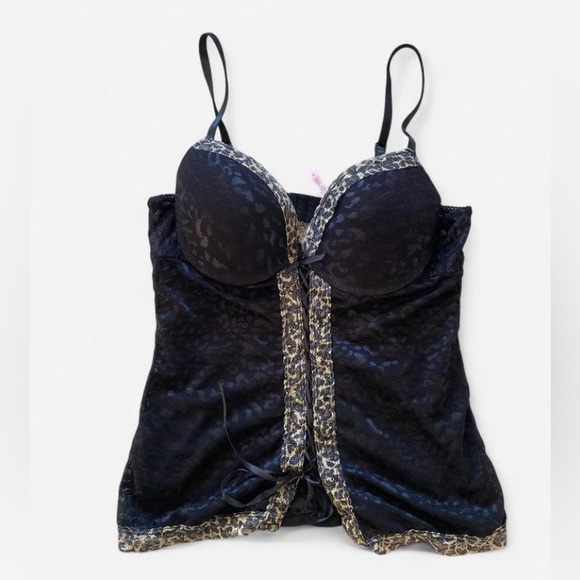 Y2k Black & Leopard Print Lace Bustier Top with Lace Up Detail - Picture 5 of 7